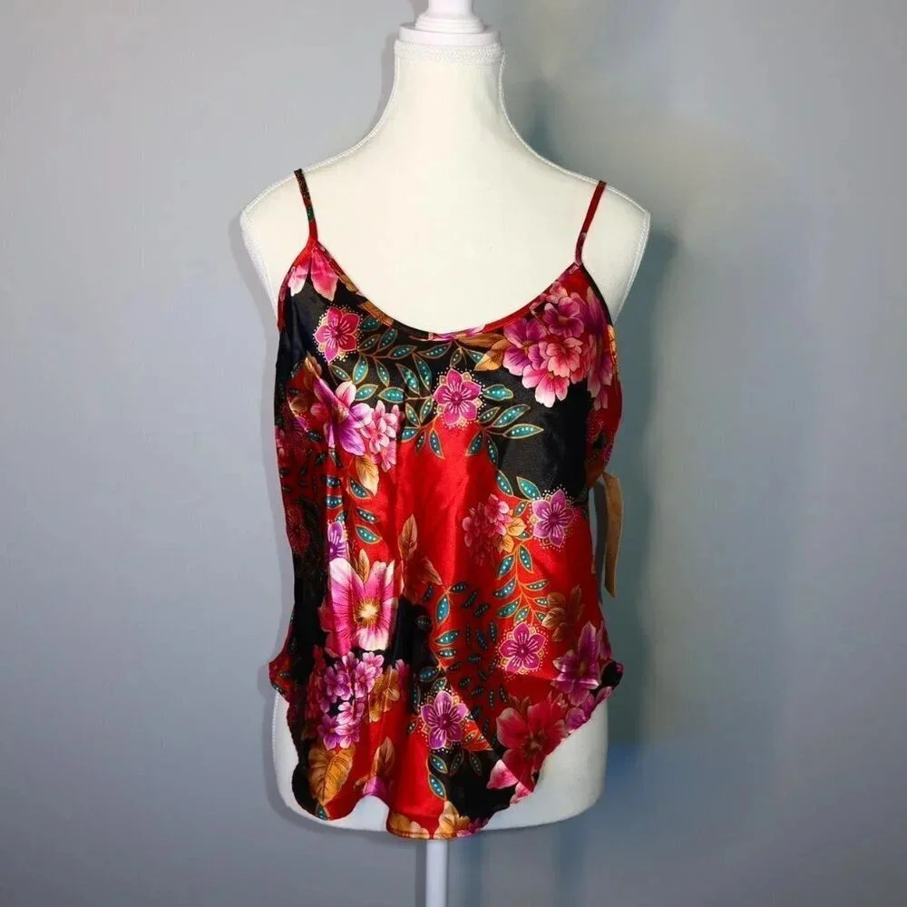 California Dynasty Red And Black Floral Silk Cami